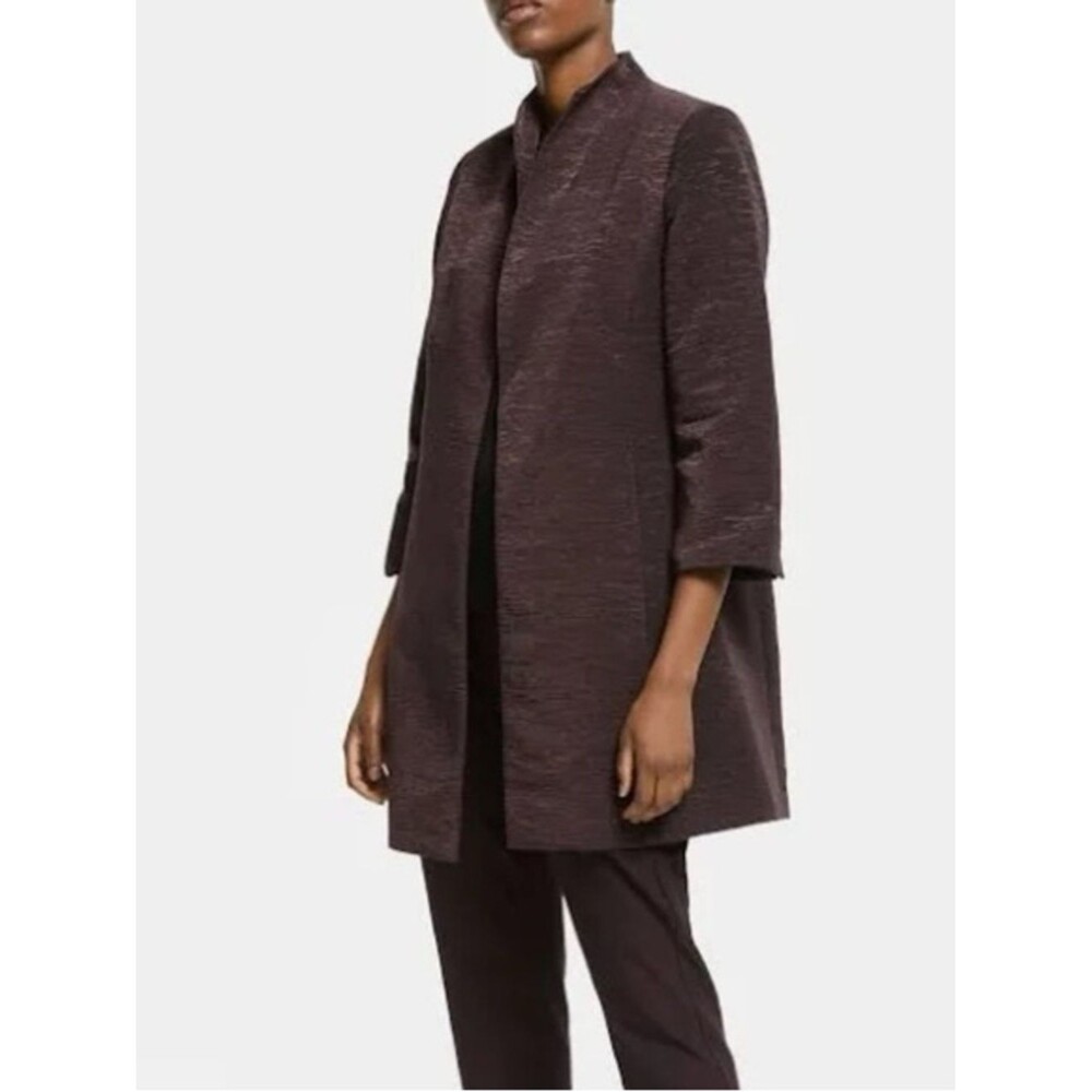 Eileen Fisher Stand Collar Open-Front Longline Jacket Plum-Brown Sz M Chic Luxe
